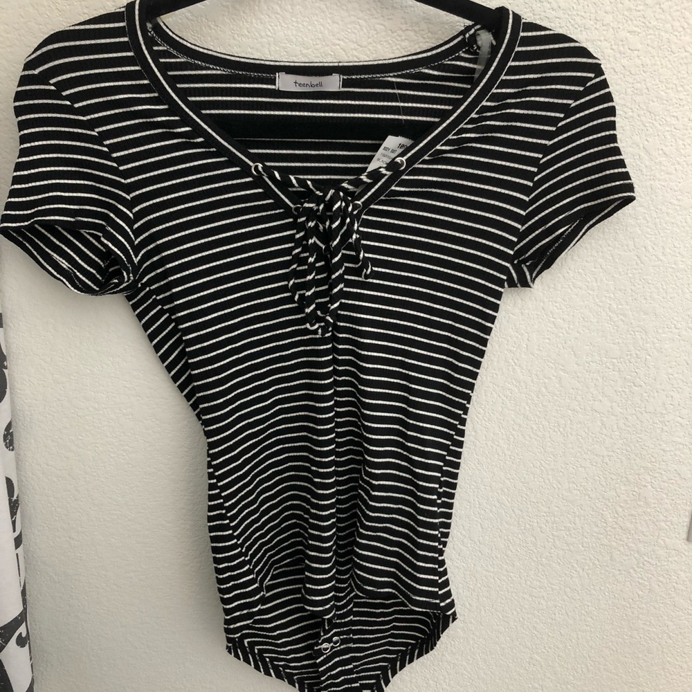 Black and white striped body suit front tie new!
